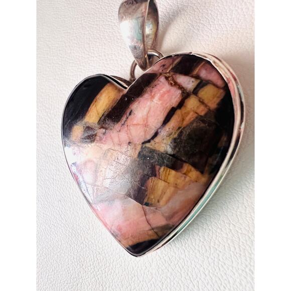 Sterling Silver Argentine Rhodozite Heart Pendant Pink Black Gray 1.5” 15g Boho - Picture 3 of 9